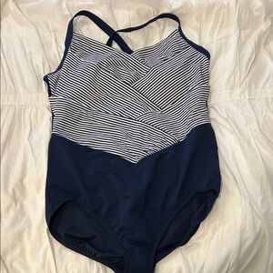 Lands' End Navy & White Striped One-Piece Swimsuit